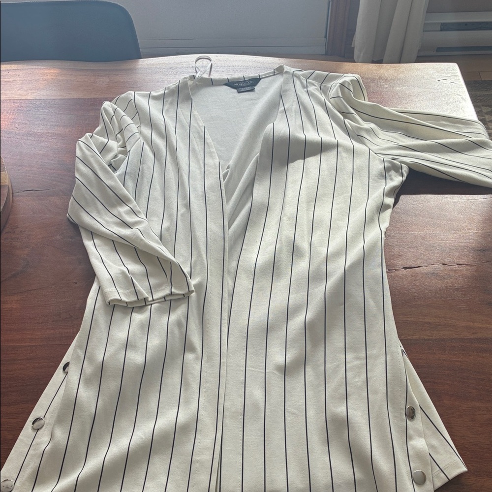 2 for $15 Striped V-Neck Longline Women's Top - Cream with Black Stripes